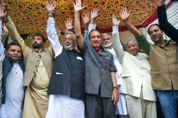 Former Congress leader Ghulam Nabi Azad and others during a public meeting in Baramulla District of North Kashmir. 
