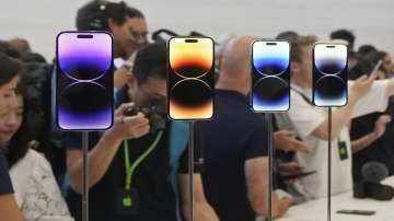 New iPhone 14 Pro models are on display at an Apple event on the campus of Apple's headquarters in Cupertino, Calif.