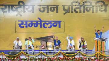 Chief Minister of Delhi Arvind Kejriwal speaks during the Rashtriya Jan Pratinidhi Sammelan, at Indira Gandhi Indoor Stadium in New Delhi.