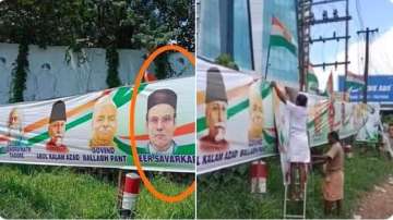 The picture of Savarkar that was accidentally printed on the poster; (r) workers change the poster with Gandhi's image 