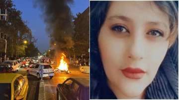 (Left): A police motorcycle is burning during a protest over the death of a young woman. (Right): Mahsa Amini, who had been detained for violating the country's conservative dress code, in downtown Tehran, Iran.