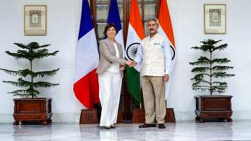 Jaishankar shakes hands with France's Minister for Europe and Foreign Affairs Catherine Colonna during a meeting in New Delhi on Wednesday.