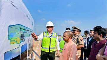 UP CM Yogi Adityanath inspects Noida International Airport, also known as Jewar Airport, in Gautam Buddh Nagar.