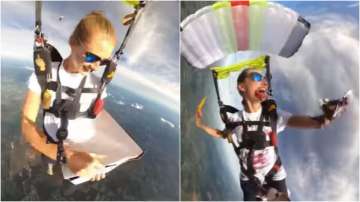 Viral Video: Woman enjoys pie while parachuting