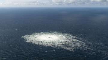 A large disturbance in the sea can be observed off the coast of the Danish island of Bornholm Tuesday, Sept. 27, 2022. 