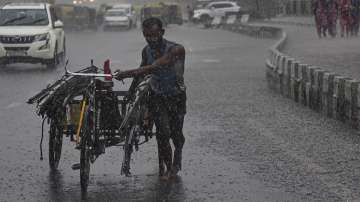 New Delhi: A worker pulls his tricycle cart during a sudden shower of monsoon rain, in New Delhi, Friday, Sept. 2, 2022. 