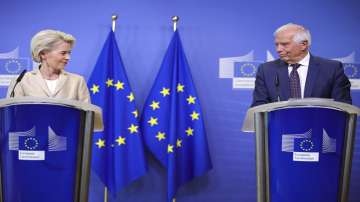 European Commission President Ursula von der Leyen, left, and European Union foreign policy chief Josep Borrell address a media conference at EU headquarters in Brussels on Wednesday, Sept. 28, 2022.