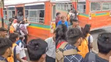school kids try to catch bus