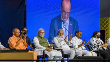PM Modi with Union Minister for Fisheries, Animal Husbandry and Dairying Parshottam Rupala, UP CM Yogi Adityanath and other dignitaries during the International Dairy Federation World Dairy Summit (IDF WDS) 2022, at India Expo Centre & Mart in Greater Noida on Monday, Sep 12, 2022.