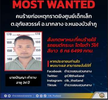 In this mug shot released by the Thailand Criminal Investigations Bureau, CIB, a suspected assailant is shown in the attack in the town of Nongbua Lamphu, northern Thailand