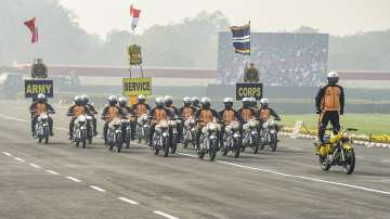 Army Service Corps (ASC) Motorcycle Display Team Tornadoes of the performs during the 73rd Army Day parade, at the Parade Ground in New Delhi, Friday, Jan. 15, 2021. (File photo)