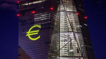 A light installation is projected onto the building of the European Central Bank during a rehearsal in Frankfurt. 