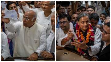 Mallikarjun Kharge (left) and Shashi Tharoor (right) file their respective nomination papers for the post of Congress presidential election. 