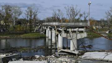 A view of a destroyed bridge across the Siverskyi-Donets river in the liberated town of Sviatohirsk, Donetsk region, Ukraine on Saturday. 