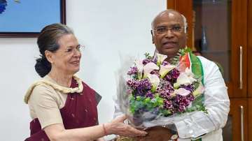 Outgoing Congress President Sonia Gandhi congratulates Mallikarjun Kharge on being elected as the new Congress President.