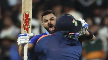 India's Virat Kohli reacts after winning the T20 World Cup cricket match against Pakistan in Melbourne, Australia.