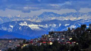 A view of the snow covered Himalayas mountain range, as seen from Shimla.
