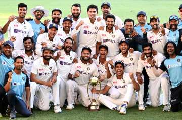 India celebrating series win in 2021 on Australian soil.