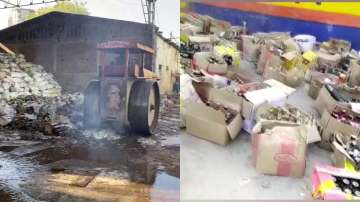 Liquor being crushed by a road roller in Madhya Pradesh's Indore (left), liquor seized by police in Punjab's Ludhiana.     