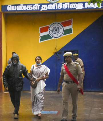 Nalini Sriharan, one of the convicts in the Rajiv Gandhi assassination case, released from prison, in Vellore, Saturday, Nov. 12, 2022.