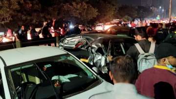 Damaged vehicles after multiple cars collided in a chain-reaction accident on Pune-Bangalore Highway in Pune district on Sunday. 