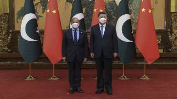 Chinese President Xi Jinping poses with Pakistani Prime Minister Shahbaz Sharif before their bilateral meeting at the Great Hall of the People in Beijing.