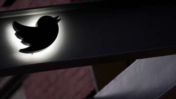 Twitter logo is seen on the awning of the building that houses the Twitter office in New York.