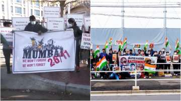 Protestors hold flags and posters to demonstrate against Pakistan harbouring terrorists and terror groups in US (left) and Japan (right).   