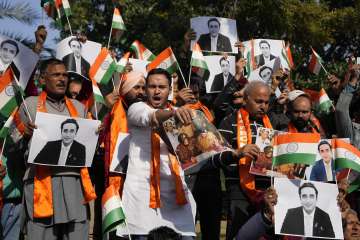 Activists of Dogra Front and Shiv Sena, shout slogans during a protest over the remarks made by Pakistan's foreign minister Bilawal Bhutto Zardari against Indian Prime Minister Narendra Modi during a press conference at the United Nations in New York