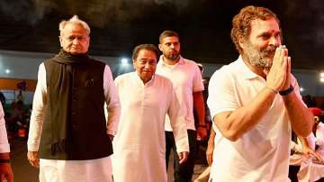 Congress leader Rahul Gandhi with Rajasthan Chief Minister Ashok Gehlot, Madhya Pradesh Congress President Kamal Nath and Rajasthan Congress Chief Govind Singh Dotasra during the Bharat Jodo Yatra, in Jhalawar, Sunday, Dec. 4, 2022.