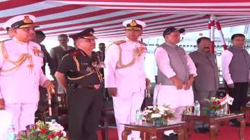 efence Minister Rajnath Singh, CDS Gen Anil Chauhan, Navy Chief Admiral R Hari Kumar, Goa Governor PS Sreedharan Pillai, Goa CM Pramod Sawant and other dignitaries attend the commissioning ceremony of INS Mormugao.