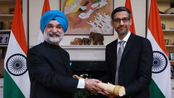 Google CEO Sundar Pichai receives Padma Bhushan from India’s Ambassador to the US, Taranjit Singh Sandhu.  