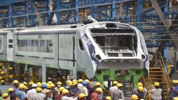Workers busy in production of coaches of the Vande Bharat Express, at LHB Shed in Integrated Coach Factory (ICF) Chennai.