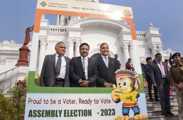 Chief Election Commissioner Rajiv Kumar with Election Commissioner Anup Chandra Pandey