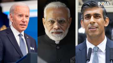 US President Joe Biden (L), Indian PM Narendra Modi (C) and UK Prime Minister Rishi Sunak.