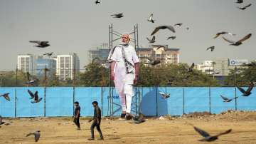 A cut-out of Prime Minister Narendra Modi put up in preparation for his rally, at Bandra Kurla Complex (BKC) in Mumbai.