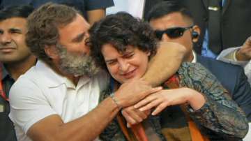 Congress leaders Rahul Gandhi and Priyanka Gandhi Vadra during a ceremony to hand over the national flag to UP Congress President Brijlal Khabri to start the UP leg of partys Bharat Jodo Yatra, in Ghaziabad. 