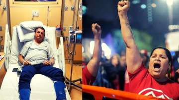 Ex-president Jair Bolsonaro admitted to hospital with stomach pains (L) and his supporters protesting in national capital (R).