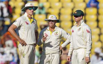 Pat Cummins, David Warner and Steve Smith during 1st Test in Nagpur