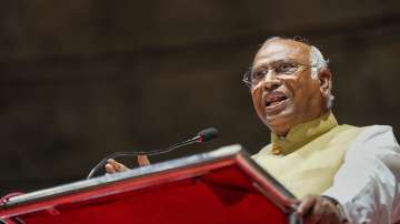 Congress President Mallikarjun Kharge addresses the 33rd plenary session of INTUC, in New Delhi.