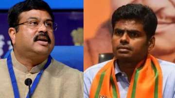 Union Minister Dharmendra Pradhan (L) and Tamil Nadu BJP unit president K Annamalai (R). 