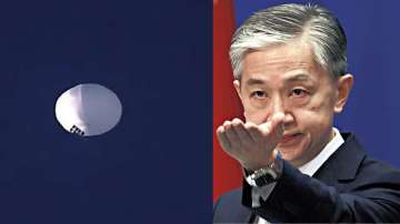 Spy balloon (L) and China's Foreign Ministry spokesman Wang Wenbin (R).