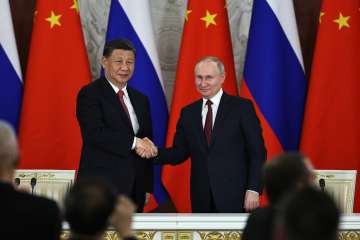 Russian President Vladimir Putin with his Chinese counterpart Xi Jinping in Moscow.