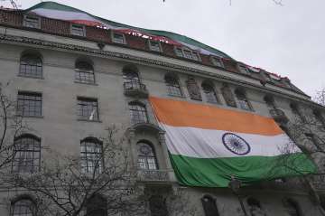 Indian flag raised at the Indian High Commission in London.