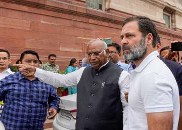 Congress leader Rahul Gandhi along with other senior leaders outside the Parliament.