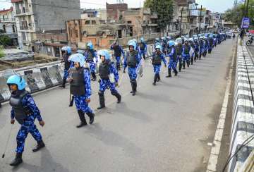 Rapid Action Force (RAF) personnel flag march amid crackdown against Waris Punjab De chief Amritpal Singh and his aides, in Jalandhar