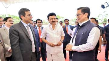 CJI DY Chandrachud, Law Minister Kiren Rijiju and Tamil Nadu CM MK Stalin during the inauguration event on Saturday.