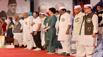 Congress leader Rahul Gandhi with General Secretary Priyanka Gandhi Vadra, Chhattisgarh state President Mohan Markam and other party leaders during the 85th plenary session.