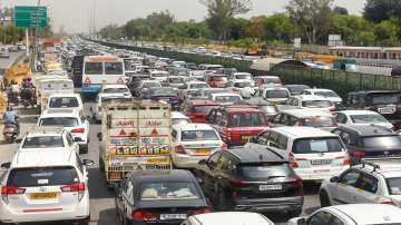 Traffic jam at Gurugram- Delhi expressway due to construction of Dwarka Expressway Link Road, in Gurugram district.