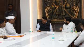 Maharashtra Chief Minister Eknath Shinde and Deputy Chief Minister Devendra Fadnavis attend meeting over Old Pension Scheme strike.